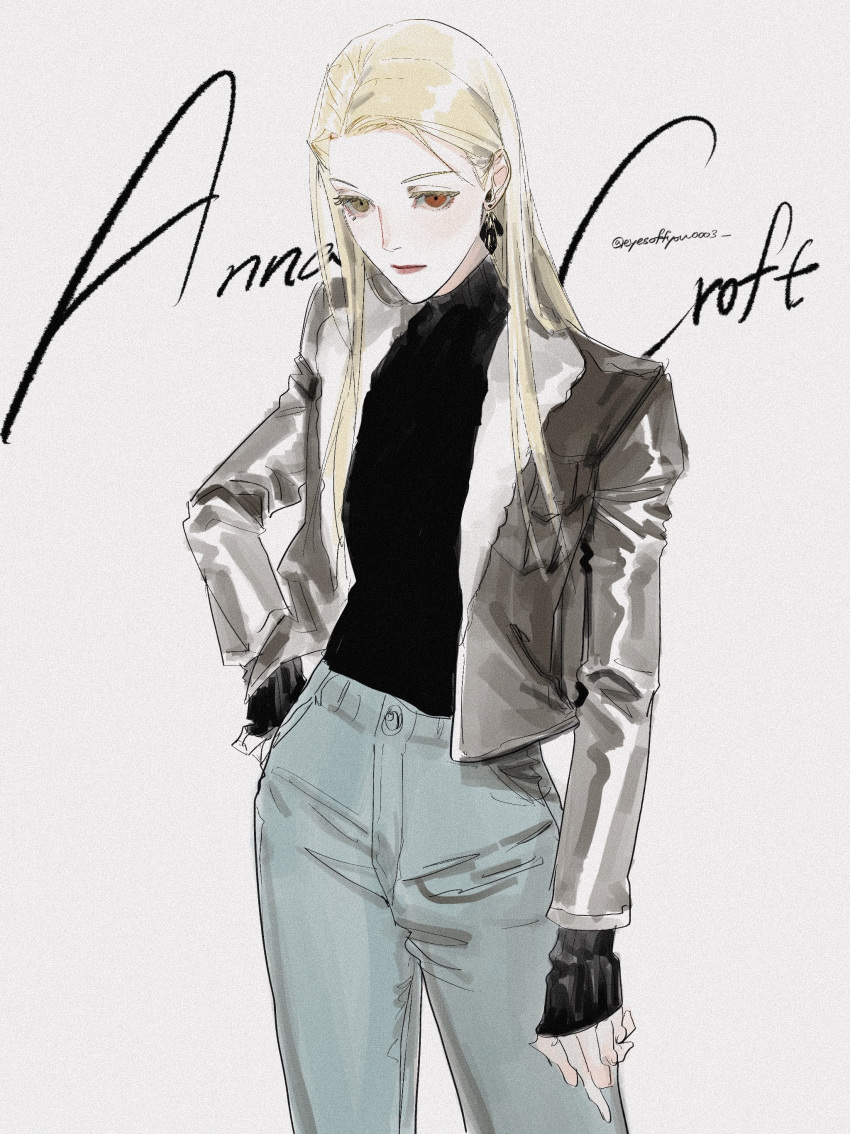 1girl, absurdres, anna_croft, black_gloves, black_shirt, blonde_hair, character_name, commentary_request, contrapposto, denim, expressionless, eyesoffyou0003, feet_out_of_frame, fingerless_gloves, gloves, hand_on_own_hip, highres, jacket, jeans, korean_commentary, leather, leather_jacket, looking_at_viewer, omniscient_reader's_viewpoint, pants, shirt, solo
