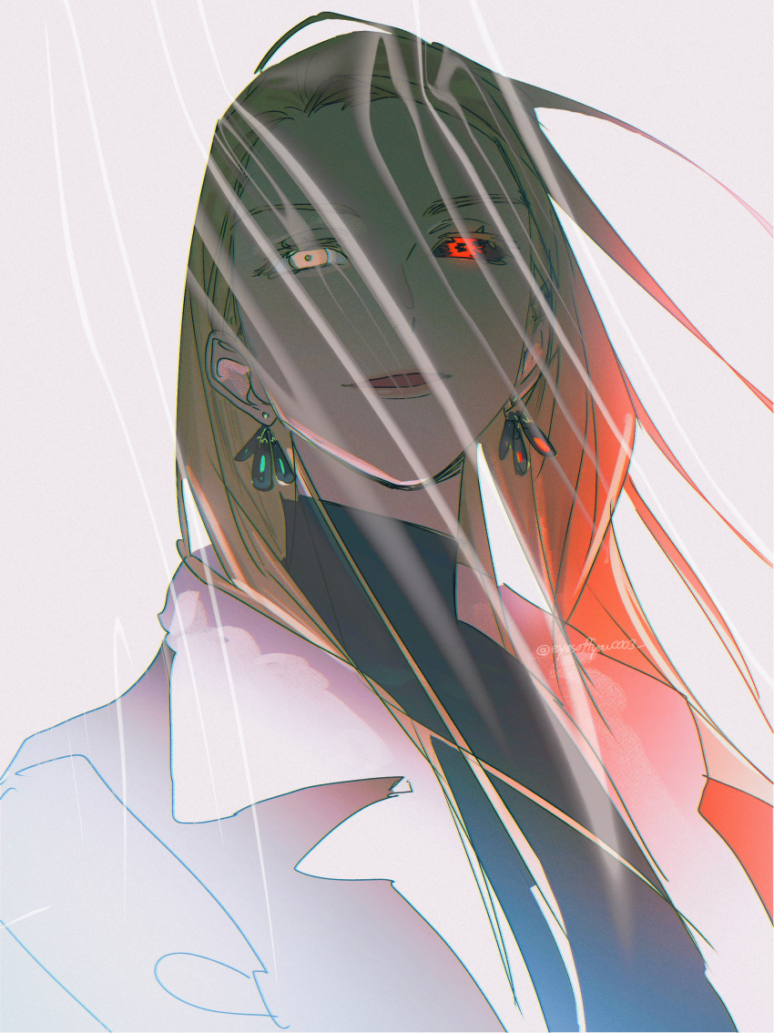 1girl, absurdres, anna_croft, black_sclera, black_shirt, blonde_hair, coat, colored_sclera, commentary_request, crew_neck, curtains, dual_persona, earrings, eyesoffyou0003, heterochromia, highres, jewelry, korean_commentary, lipstick, long_hair, looking_at_viewer, makeup, omniscient_reader's_viewpoint, popped_collar, red_eyes, shirt, smile, solo, upper_body, very_long_hair, white_coat, yellow_eyes
