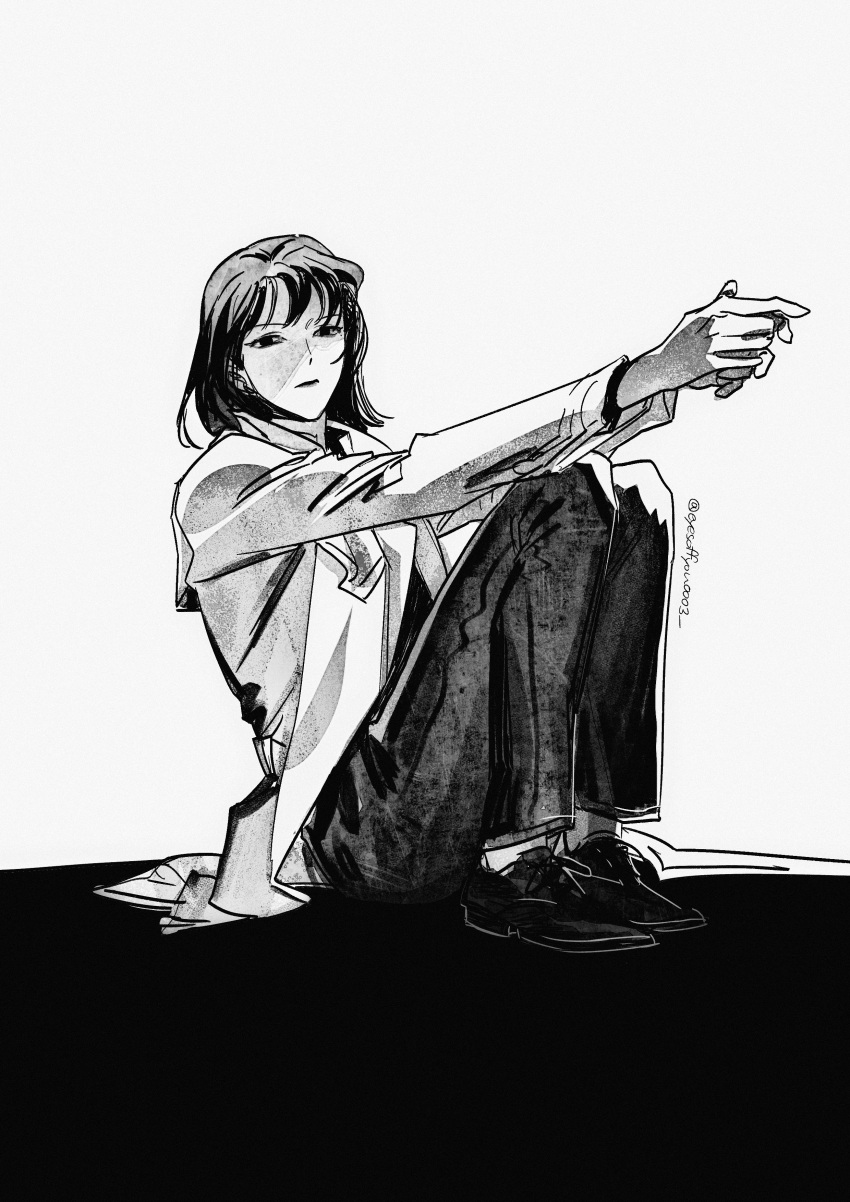 1girl, absurdres, black_hair, bob_cut, coat, eyesoffyou0003, full_body, greyscale