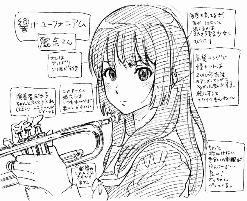 1girl, euphonium, greyscale, hibike!_euphonium, instrument, jun_watanabe, kousaka_reina, long_hair