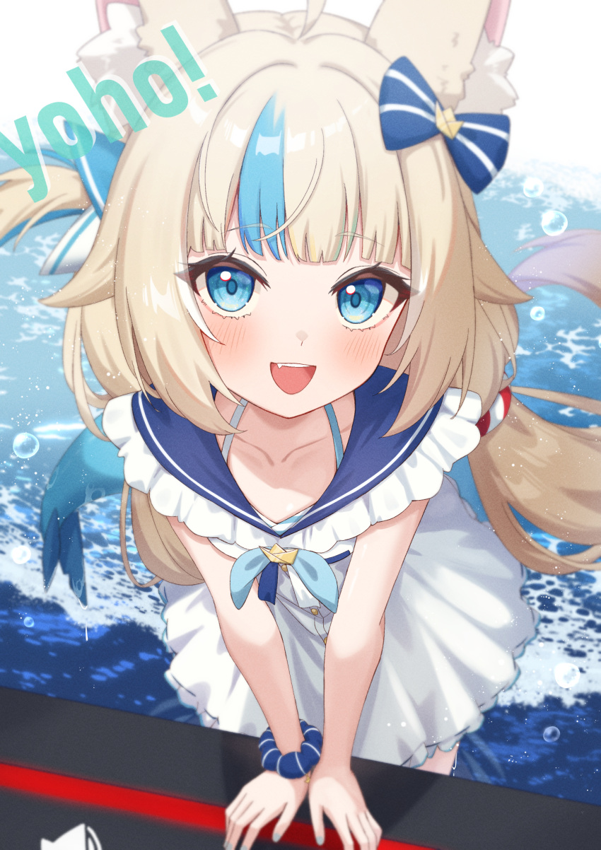 1girl, :d, ahoge, animal_ears, blonde_hair, blue_bow, blue_eyes, blue_hair