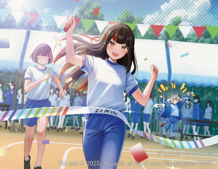>_<, 2025, 3girls, arms_up, black_hair, black_shoes, brown_eyes, bunting