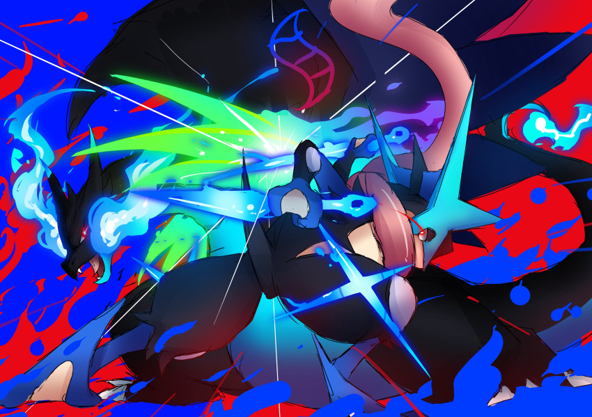 absurdres, black_skin, blue_fire, blue_skin, bones_dio, breath_weapon, breathing_fire, charizard