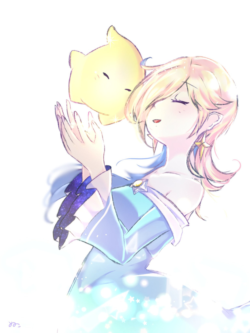 1girl, blonde_hair, blue_dress, brooch, closed_eyes, dress, earrings, hair_over_one_eye