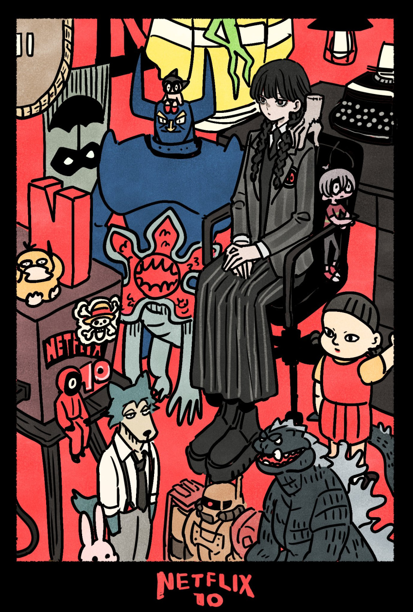 addams_family, atom_(tetsuwan_atom), beastars, black_hair, black_shoes, braid, character_request, copyright_request