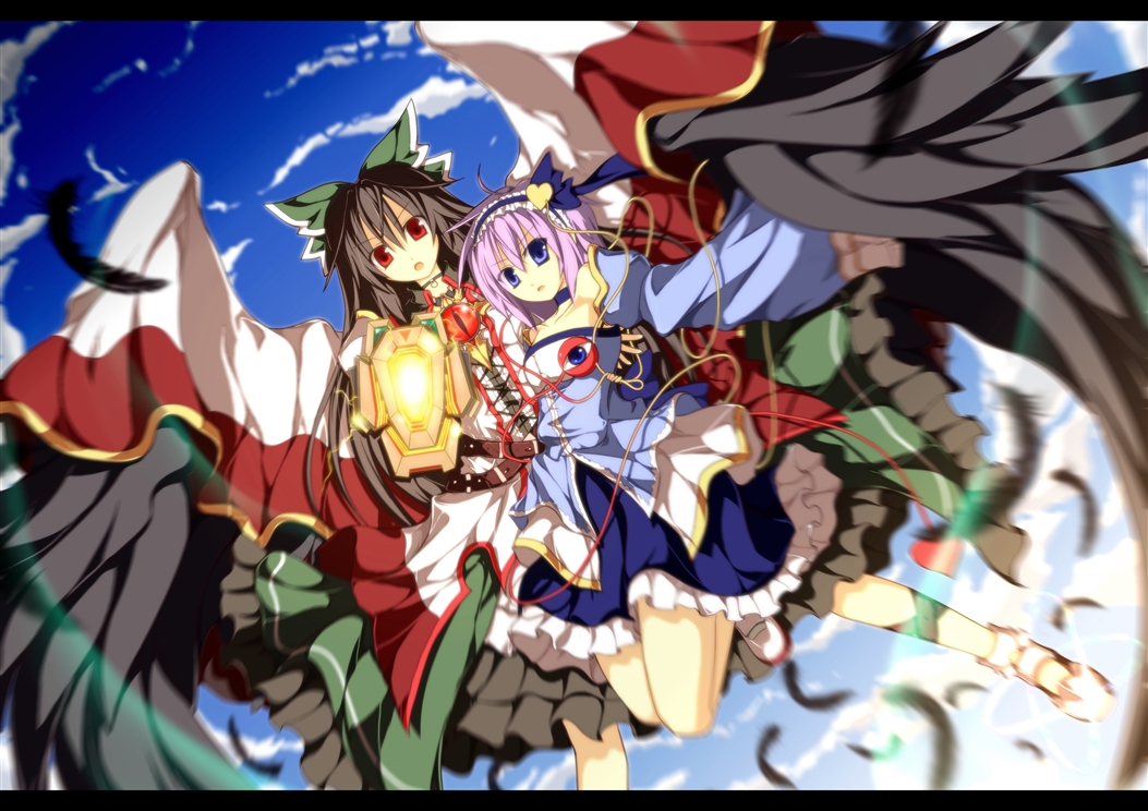 adapted_costume, alternate_weapon, arm_cannon, bad_id, blue_eyes, bow, brown_hair, cape