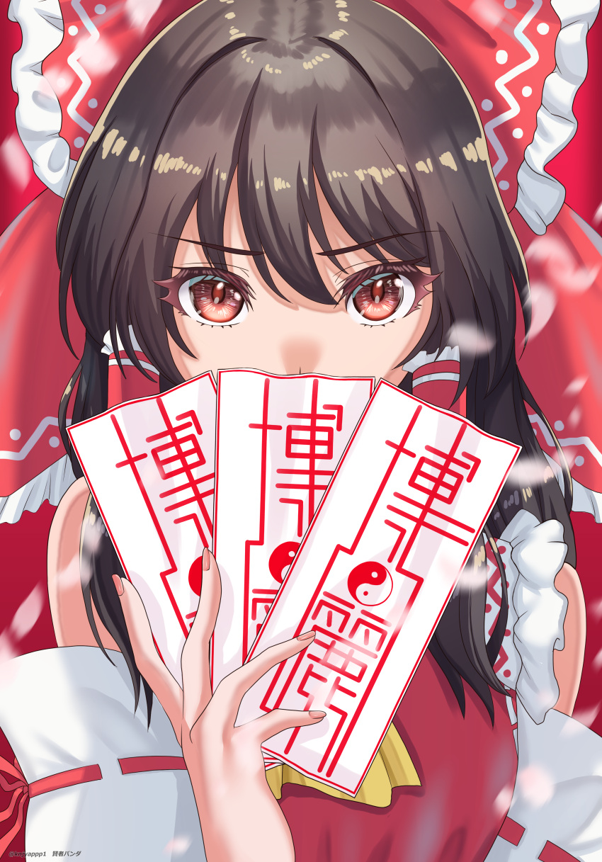 1girl, absurdres, ascot, black_hair, bow, commentary_request, detached_sleeves, hair_bow, hair_tubes, hakurei_reimu, highres, holding, japanese_clothes, kenja_panda, long_hair, looking_at_viewer, miko, red_bow, red_eyes, solo, touhou, yellow_ascot