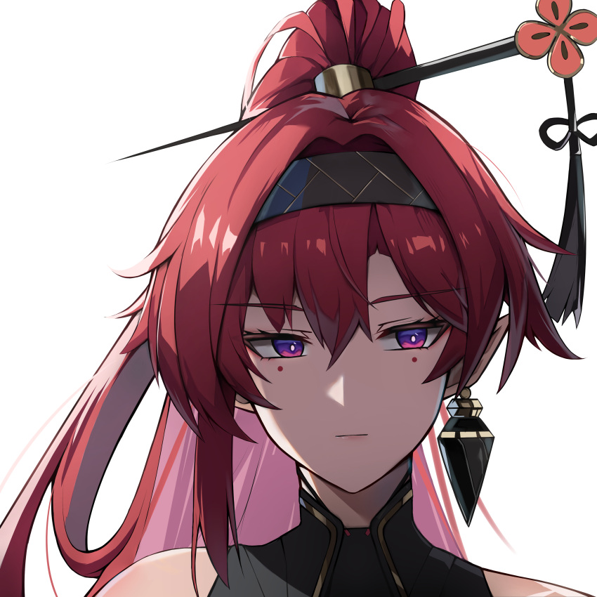 1girl, absurdres, black_hairband, circle_facial_mark, closed_mouth, commentary, earrings, hair_between_eyes