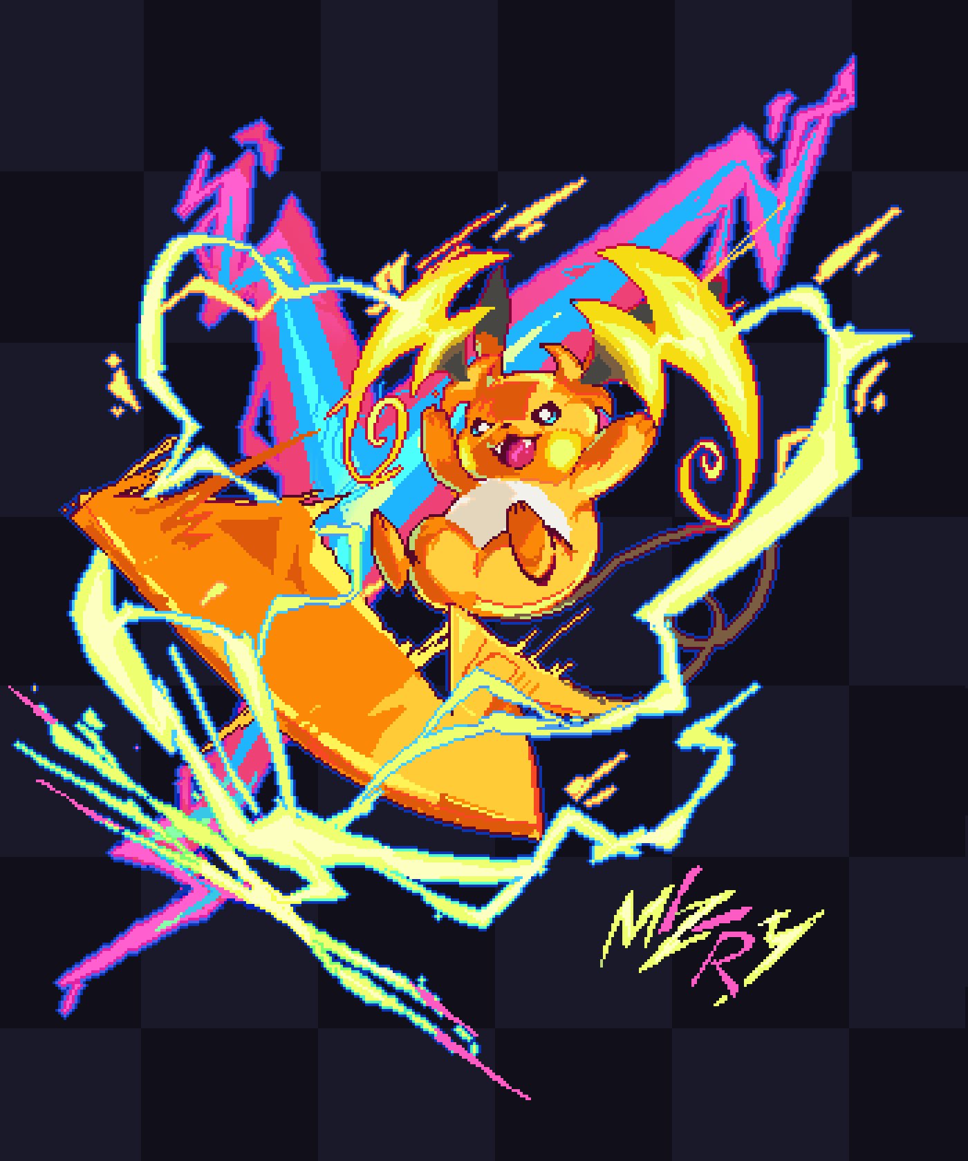 1other, :3, animal, artist_name, blue_outline, bright_pupils, checkered_background, commentary, electricity, english_commentary, fangs, full_body, highres, mega_pokemon, mega_raichu_y, mil_zery, motion_blur, no_humans, open_mouth, outline, pixel_art, pokemon, pokemon_(creature), pokemon_focus, pokemon_legends:_z-a, raichu, smile, white_pupils