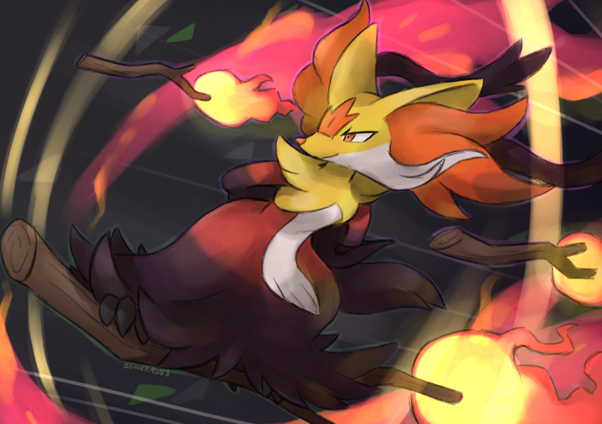 1other, animal_ear_fluff, arms_behind_back, artist_name, delphox, dragon_ball, fire, flying