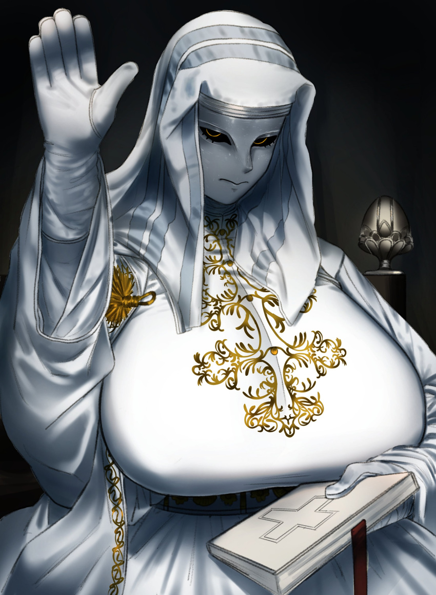 1girl, absurdres, bible_(object), breasts, gloves, grey_mask, hand_up, highres, huge_breasts, indoors, king_baldwin_iv, kingdom_of_heaven, looking_at_viewer, nadsaeng, solo, white_gloves