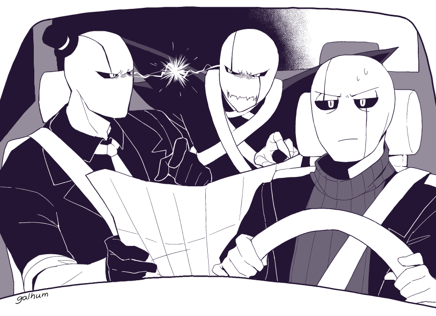 3boys, alternate_universe, angry, artist_name, bald, car_interior, closed_mouth, collared_shirt, colored_sclera, commentary, driving, english_commentary, epictale, fangs, frown, galhum_(galhum55), glitchtale, gloves, greyscale, hat, hat_tip, high_contrast, holding, holding_map, jacket, lapels, long_sleeves, looking_ahead, looking_at_another, male_focus, map, mini_hat, mini_top_hat, monochrome, multiple_boys, necktie, no_mouth, notched_lapels, open_clothes, open_jacket, ribbed_sweater, scar, scar_across_eye, scar_across_eyes, scar_on_face, shirt, short-sleeved_jacket, short_sleeves, simple_background, skeleton, skin_fangs, steering_wheel, sweat, sweater, top_hat, turtleneck, turtleneck_sweater, undertale, upper_body, utdr_(toby_fox), v-shaped_eyebrows, w.d._gaster, xtale