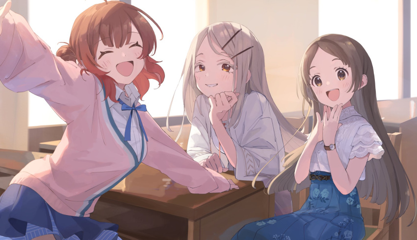 3girls, ahoge, beaky45779868, belt, blonde_hair, blue_ribbon, blue_skirt, blush