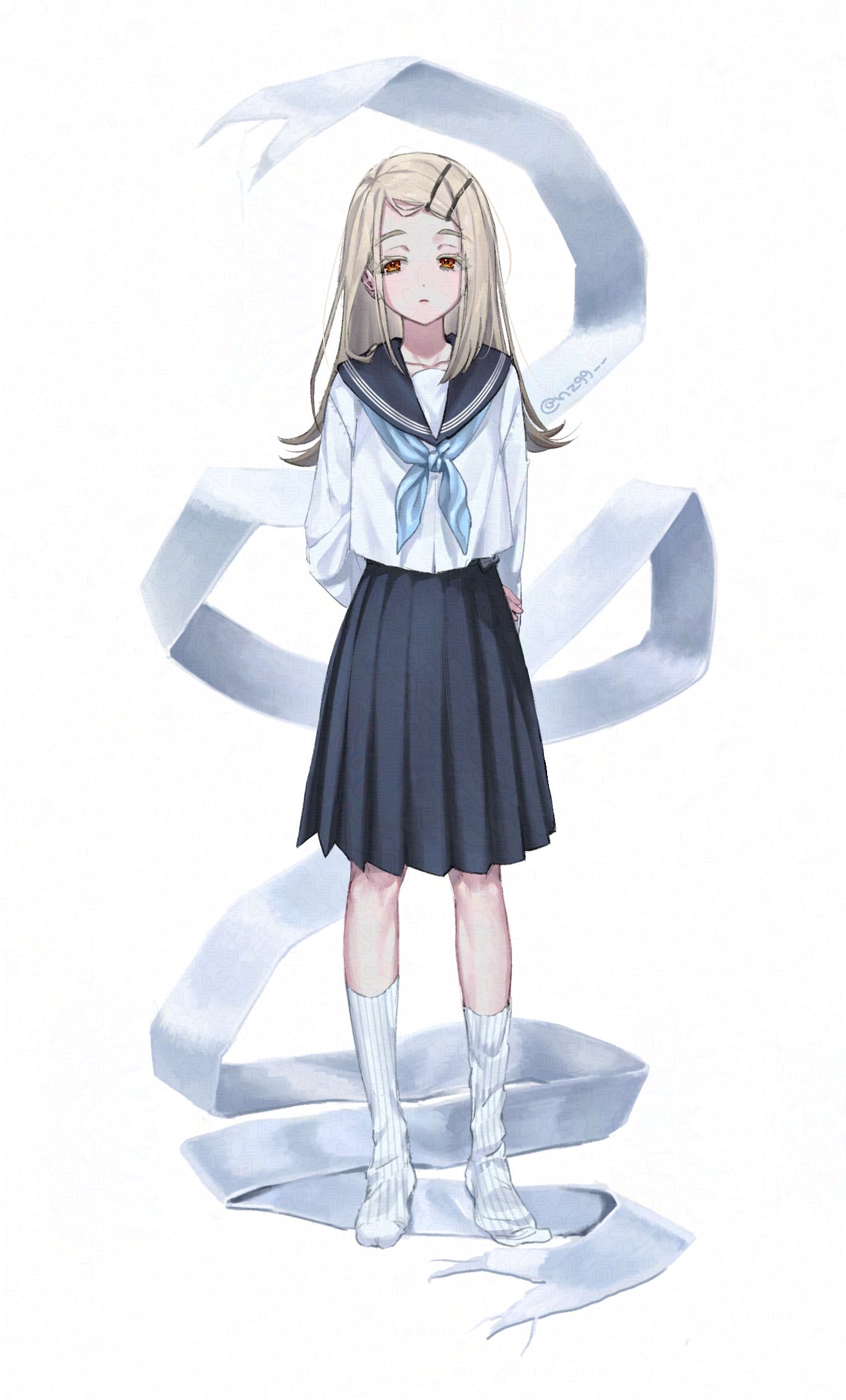 1girl, arms_behind_back, black_sailor_collar, black_skirt, blonde_hair, blue_neckerchief, blue_ribbon, closed_mouth