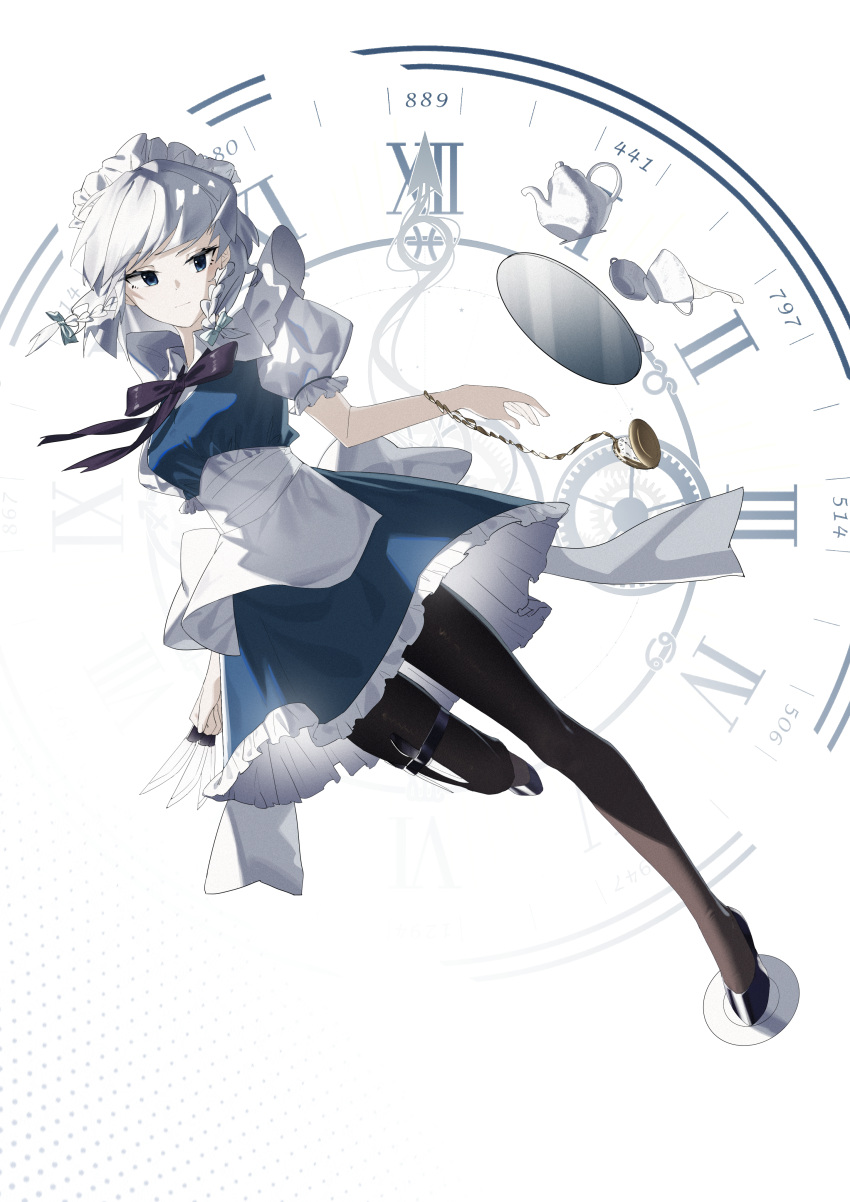 1girl, absurdres, apron, awmin, back_bow, between_fingers, black_bow, black_bowtie