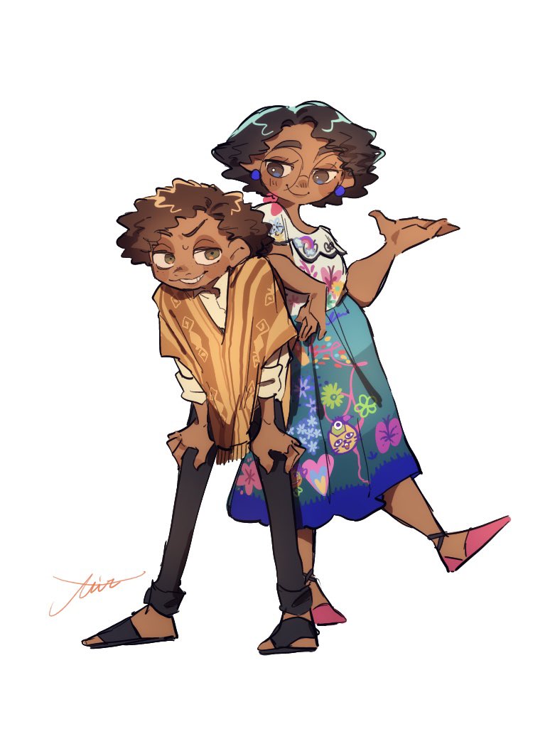 1boy, 1girl, afro, arepa, brown_eyes, brown_hair, camilo_madrigal, colombian_clothes