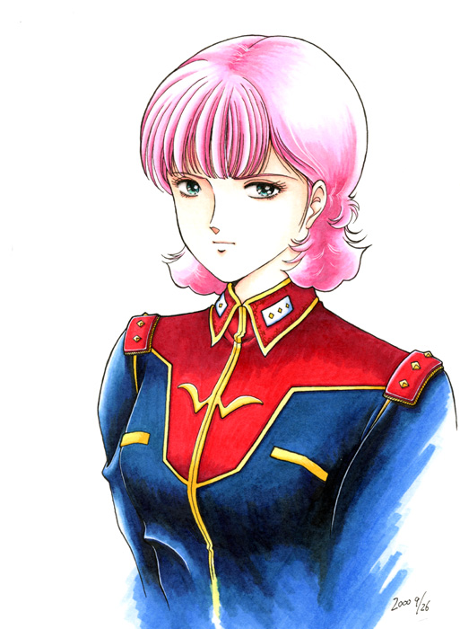 1980s_(style), 1girl, 2000, commentary_request, dated, green_eyes, gundam, kitazume_hiroyuki_(style), looking_at_viewer, military_rank_insignia, military_uniform, pink_hair, portrait, retro_artstyle, sarah_zabiarov, science_fiction, serious, signature, titans_(gundam), white_background, yumemi_ai, zeta_gundam