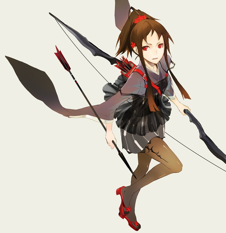 arrow, bad_id, black_legwear, bow_(weapon), brown_hair, camisole, from_above, japanese_clothes