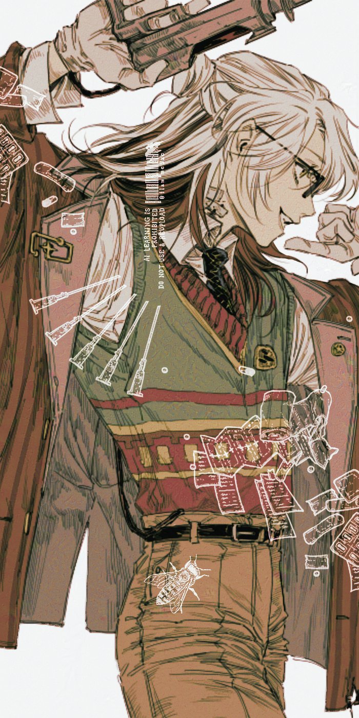 1other, arm_up, brown_hair, brown_jacket, brown_shorts, cowboy_shot, from_side, glasses