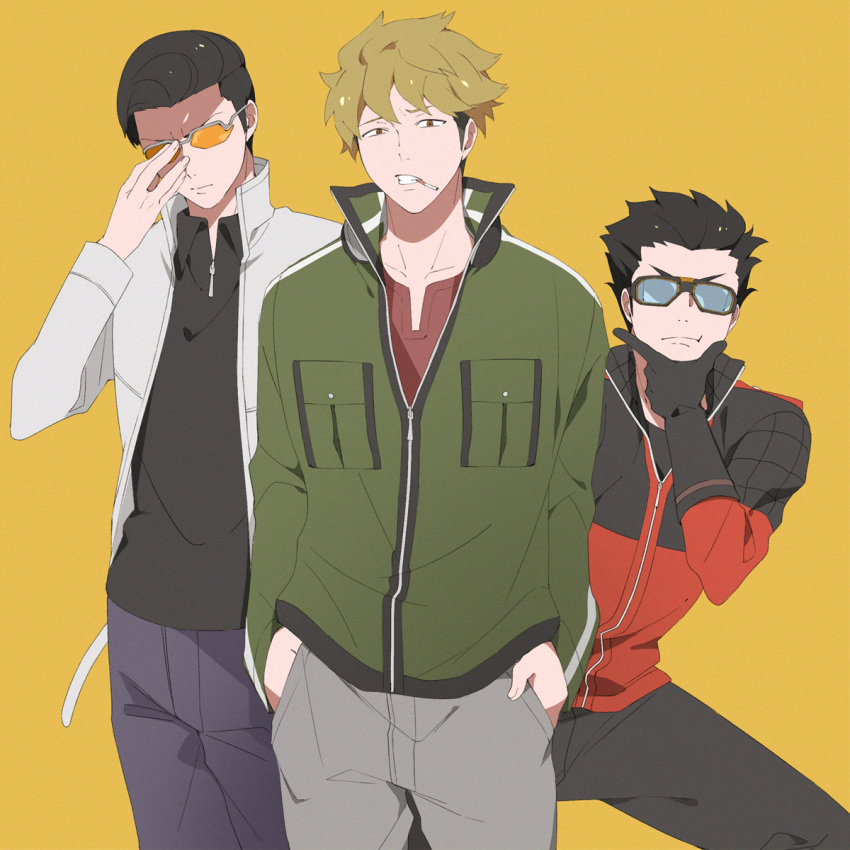 3boys, adjusting_eyewear, cigarette, hands_in_pockets, highres, ikoma_squad's_uniform, ikoma_tatsuhito, multiple_boys