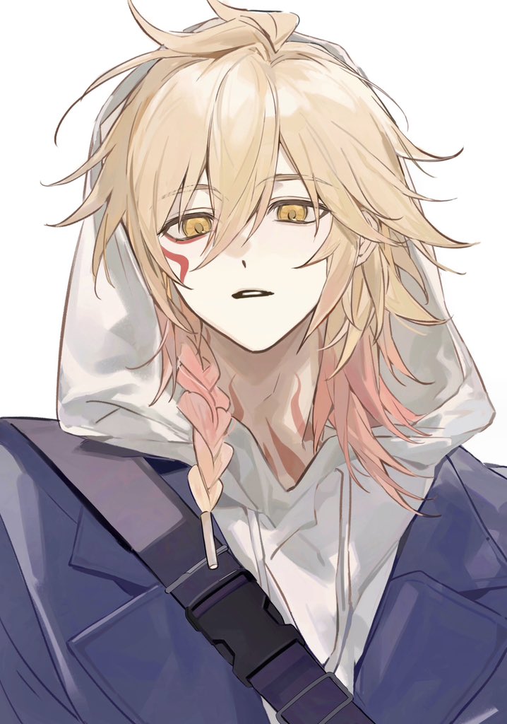 1boy, black_jacket, blonde_hair, braid, facial_tattoo, gradient_hair, honkai:_star_rail, honkai_(series), hood, hood_up, hoodie, jacket, looking_at_viewer, male_focus, medium_hair, multicolored_hair, mydei_(honkai:_star_rail), neck_tattoo, nonoiaza, red_hair, side_braid, simple_background, solo, tattoo, upper_body, white_background, white_hoodie, yellow_eyes