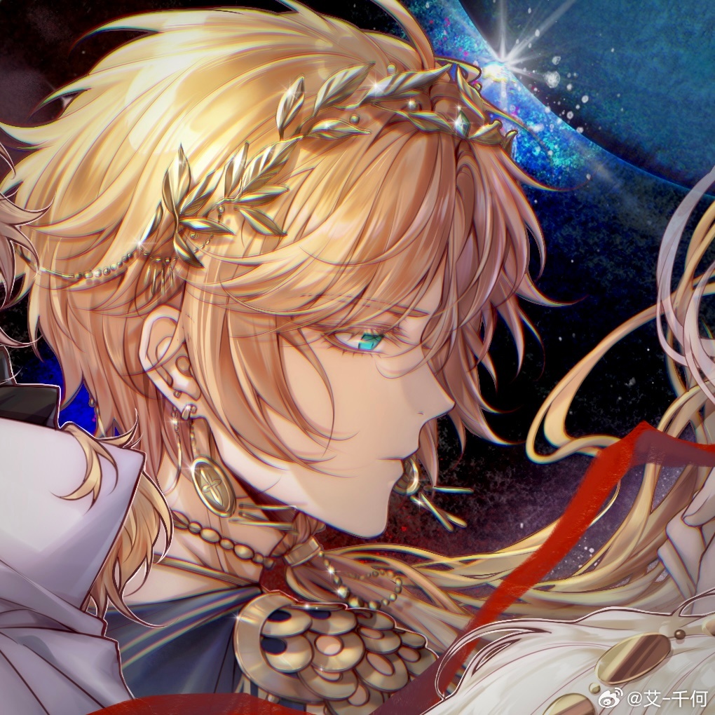1boy, ai-qian_he, aqua_eyes, blonde_hair, blue_cape, cape, chinese_commentary, closed_mouth, colored_eyelashes, ear_piercing, earrings, frown, glint, gold_choker, gold_earrings, hair_between_eyes, hair_over_shoulder, hair_tubes, jewelry, lars_rorschach, lars_rorschach_(infinite_empire), laurel_crown, long_hair, looking_ahead, lovebrush_chronicles, low_ponytail, male_focus, piercing, ponytail, portrait, profile, shoulder_guard, solo, watermark, weibo_watermark