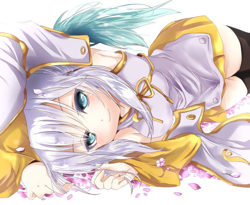 black_legwear, cherry_blossoms, detached_sleeves, dress, emia, green_eyes, lucia_(luminous_arc), luminous_arc
