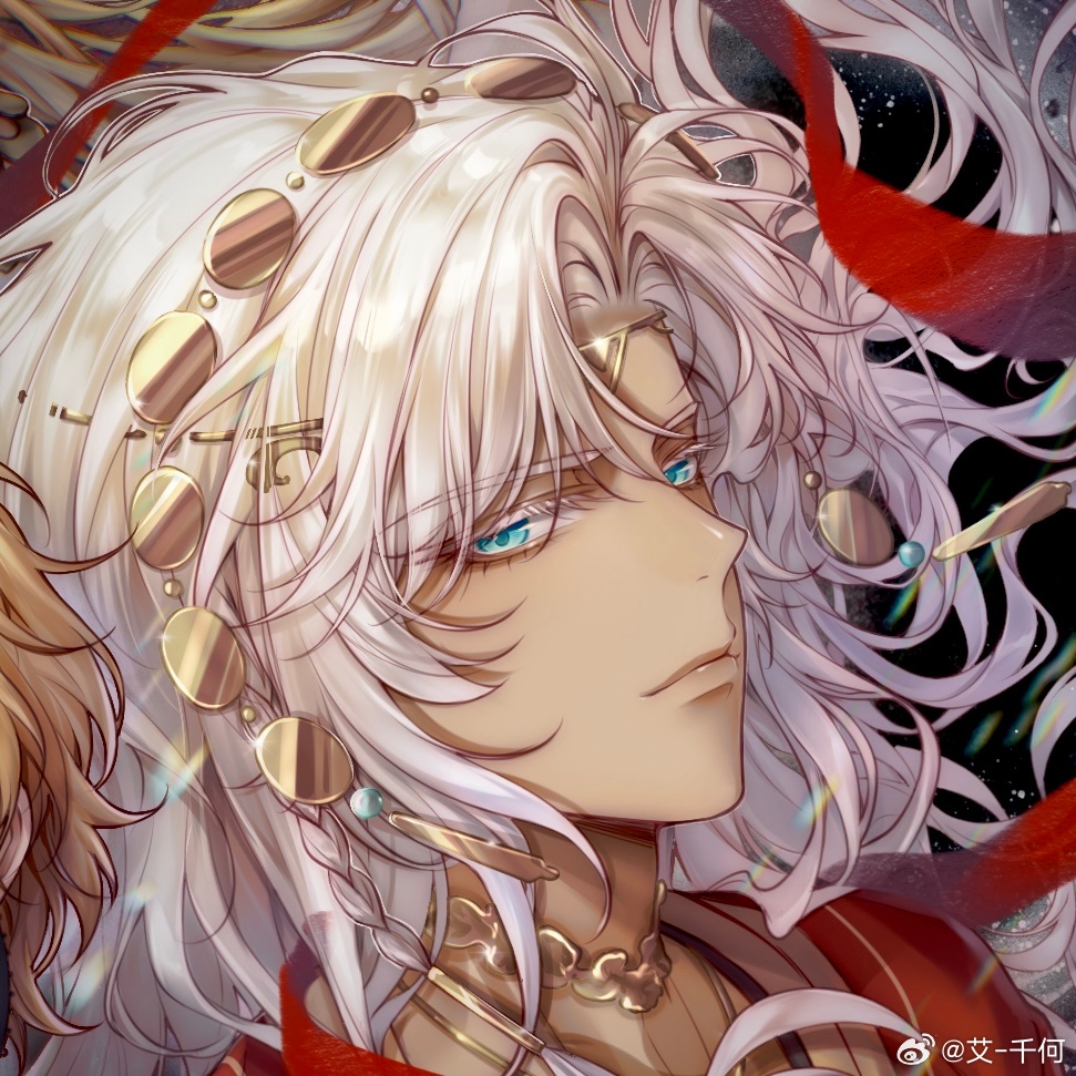 1boy, ai-qian_he, aqua_eyes, chinese_commentary, circlet, closed_mouth, colored_eyelashes, curtained_hair
