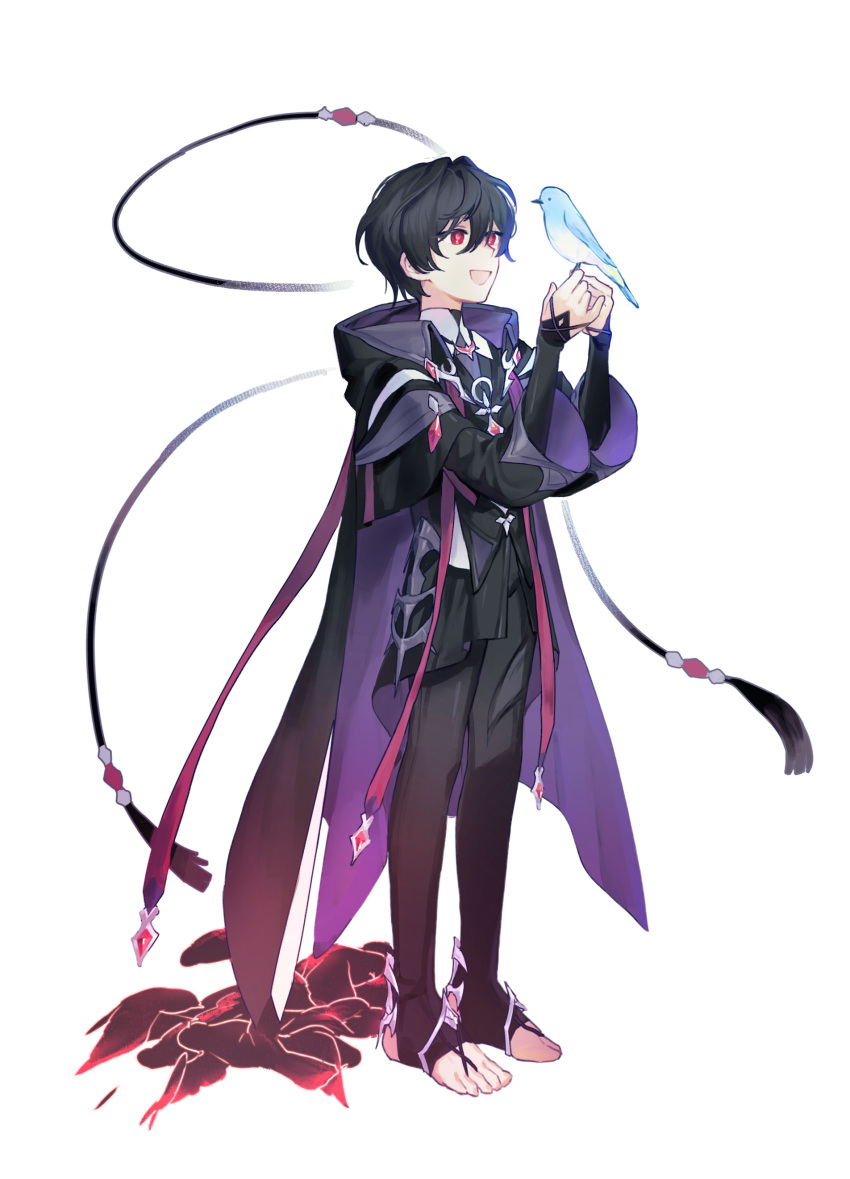 1boy, absurdres, animal, bird, black_cape, black_gloves, black_hair, black_leggings