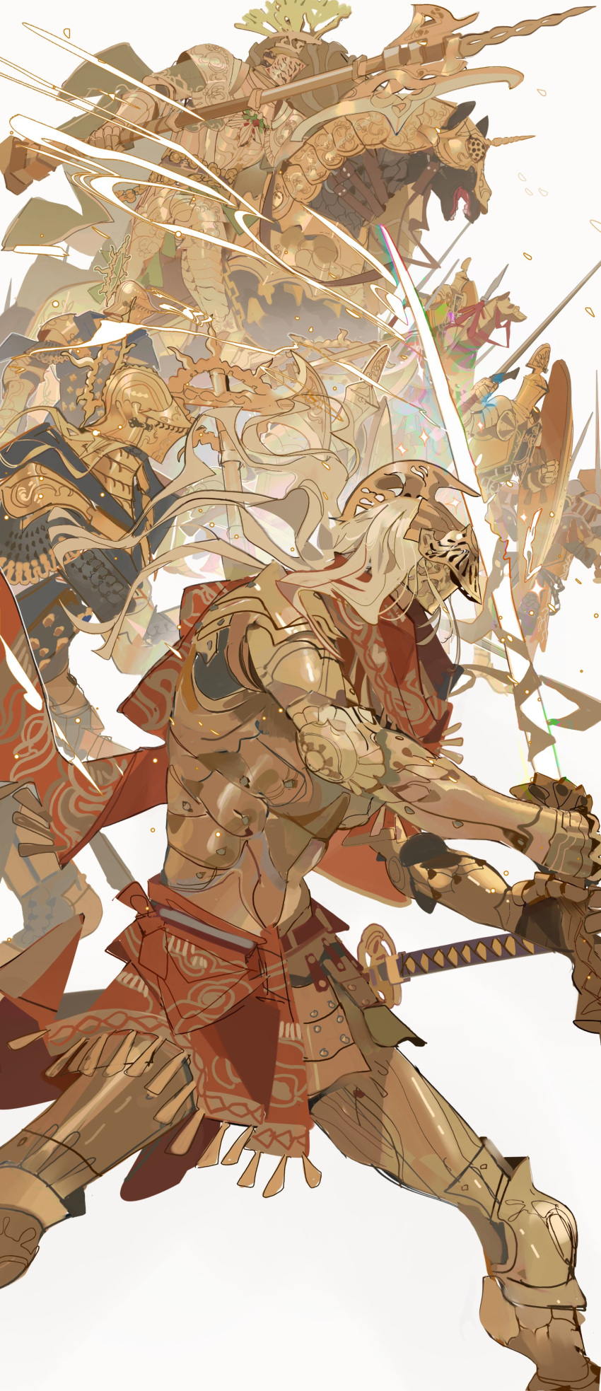 6+others, absurdres, armor, barding, blonde_hair, cowboy_shot, gold_armor, halberd