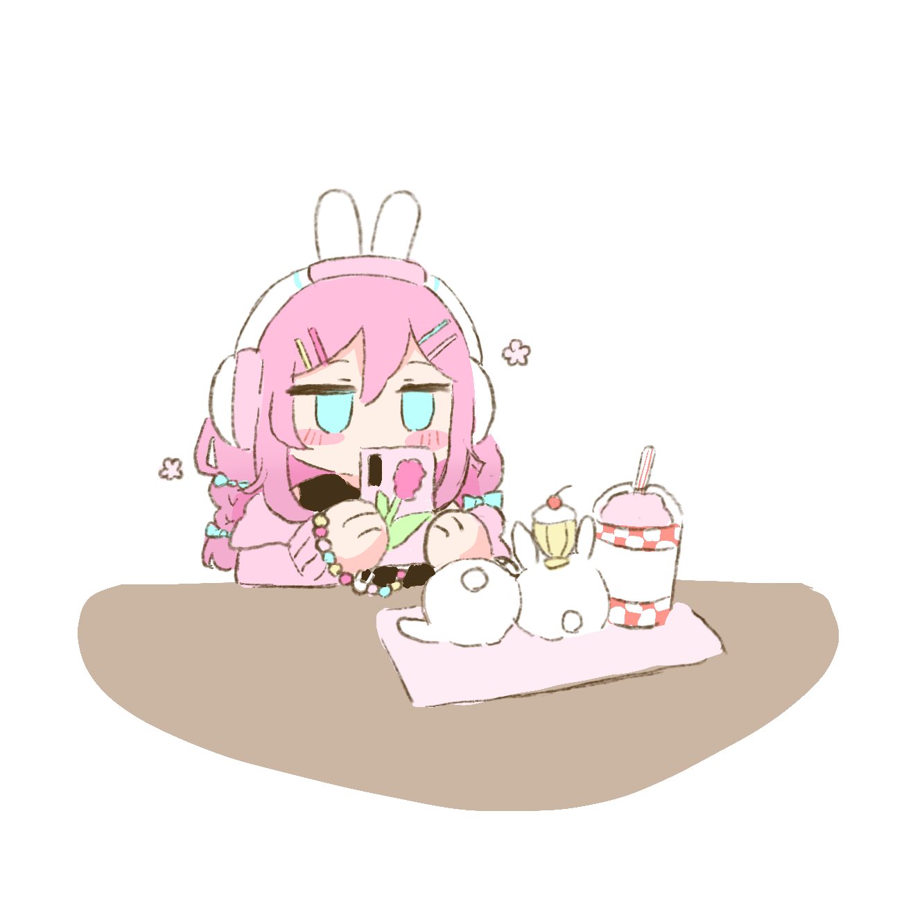 animal_ear_headphones, animal_ears, aubrey_(omori), blue_eyes, cellphone, chibi, fake_animal_ears, hair_ornament, hairpin, headphones, highres, mimm_02, multiple_hairpins, no_pupils, official_alternate_costume, omori, petals, phone, pink_hair, rose_petals, smartphone, taking_picture