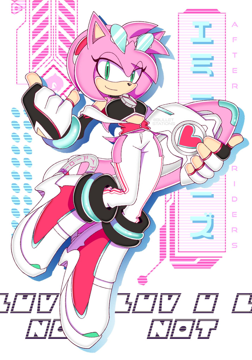 alternate_universe, amy_rose, amy_rose_(riders), artist_logo, artist_name, bulletstations, gears, green_eyes