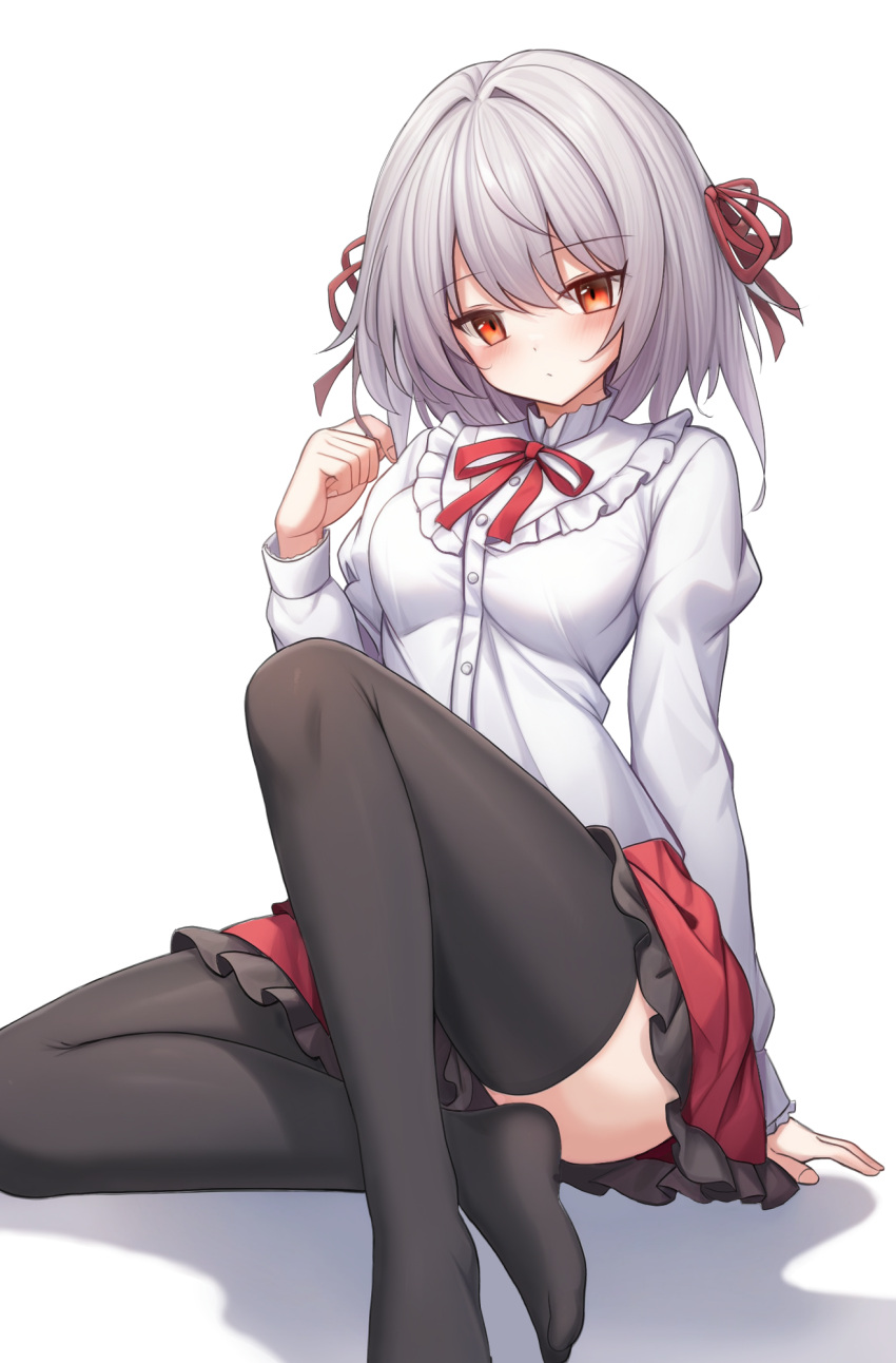 1girl, arm_at_side, black_thighhighs, blush, buttons, clenched_hand, closed_mouth, commentary_request