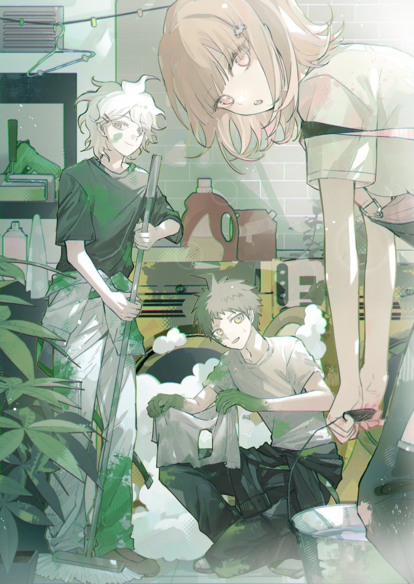 1girl, 2boys, :o, ahoge, black_pants, black_shirt, brown_hair, danganronpa_(series), danganronpa_2:_goodbye_despair, flipped_hair, grey_shirt, hair_ornament, hairclip, highres, hinata_hajime, holding, komaeda_nagito, looking_at_viewer, medium_hair, messy_hair, multiple_boys, nanami_chiaki, overalls, paint_splatter, pants, shirt, short_hair, short_sleeves, shuimu_guan, tile_wall, tiles, white_hair