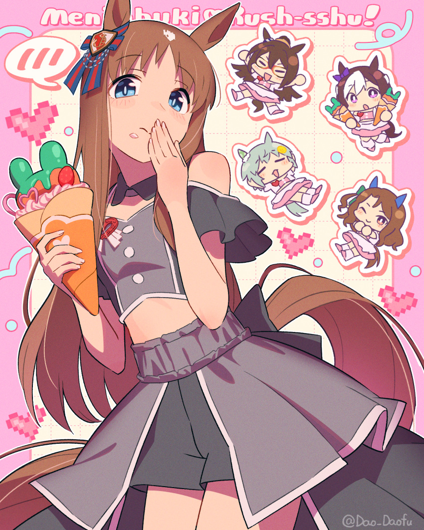 5girls, :d, :o, ;), bare_shoulders, black_shorts, black_sleeves, blue_eyes