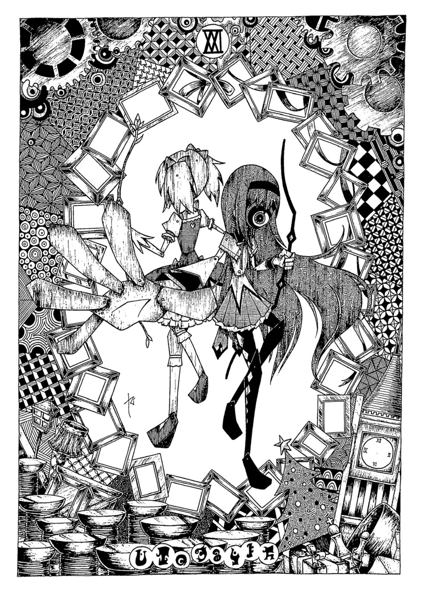 2girls, abstract, abstract_background, akemi_homura, akemi_homura_(magical_girl), argyle_clothes, argyle_footwear, argyle_pantyhose