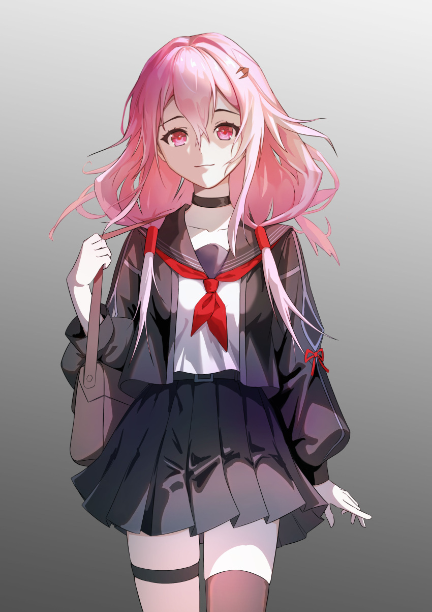 1girl, absurdres, alternate_costume, black_choker, black_skirt, black_thighhighs, black_thighlet, brown_bag, chinese_commentary, choker, collarbone, commentary_request, gradient_background, grey_background, guilty_crown, hair_between_eyes, hair_ornament, hair_tubes, highres, long_hair, pink_hair, pleated_skirt, red_eyes, red_ribbon, ribbon, school_uniform, serafuku, shirt, simple_background, single_thighhigh, skindentation, skirt, solo, thigh-highs, twintails, user_wtrw8752, white_serafuku, white_shirt, yuzuriha_inori, zettai_ryouiki