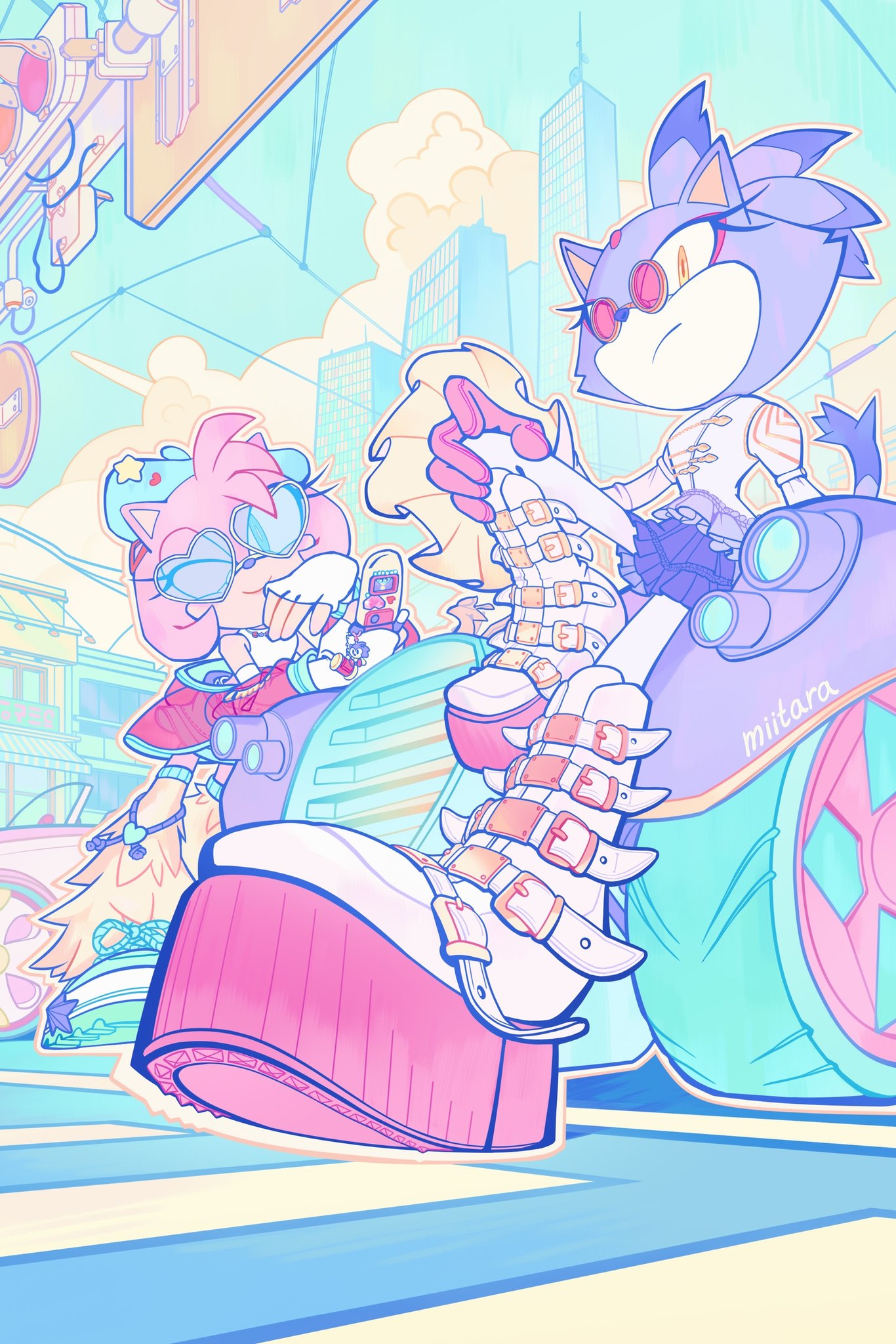 2girls, amy_rose, animal_ears, artist_name, blaze_the_cat, blue-tinted_eyewear, boots, car