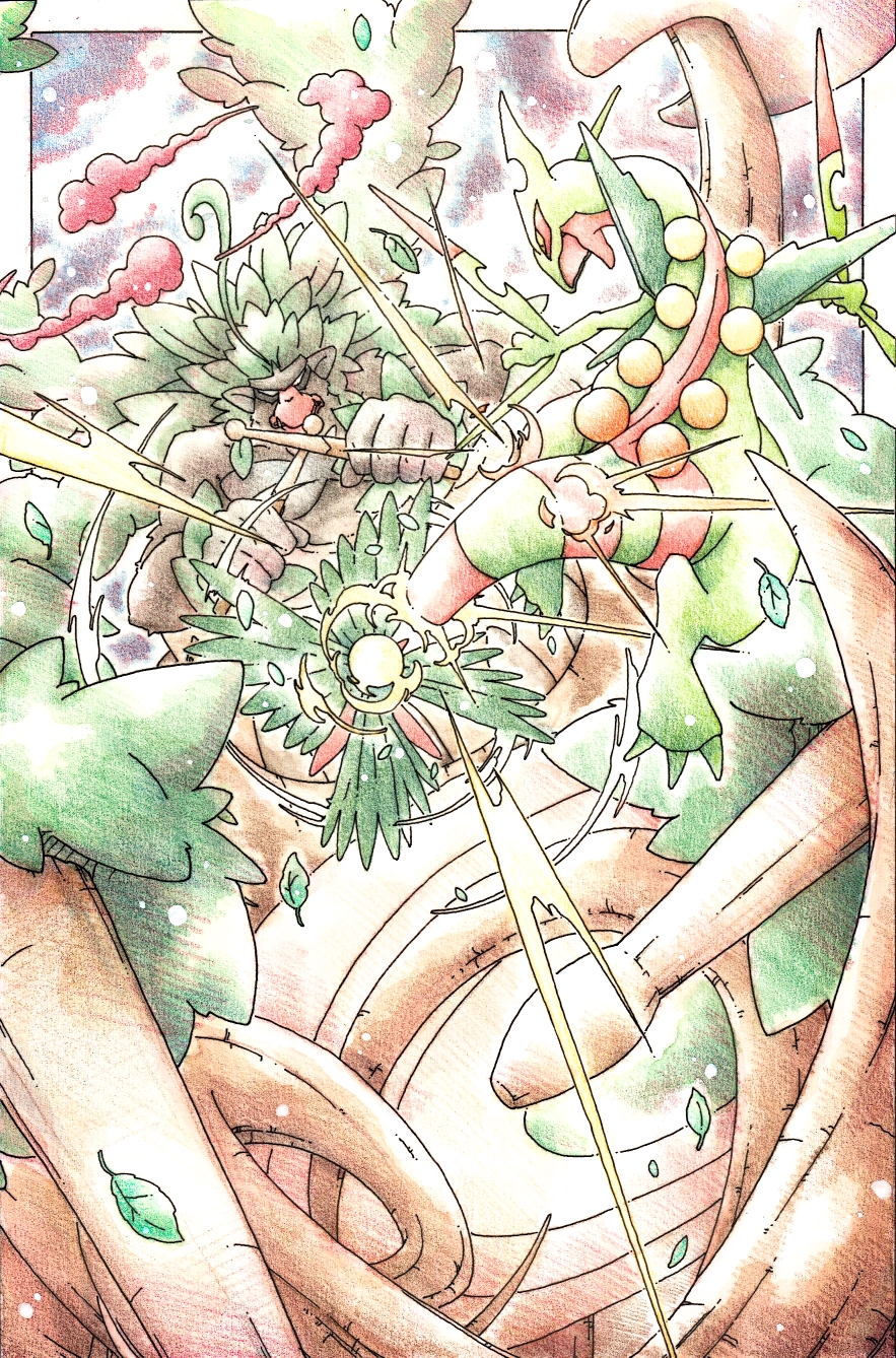 brown_fur, drumsticks, gigantamax_rillaboom, green_eyes, highres, holding, holding_drumsticks, inori_(pokemoart)