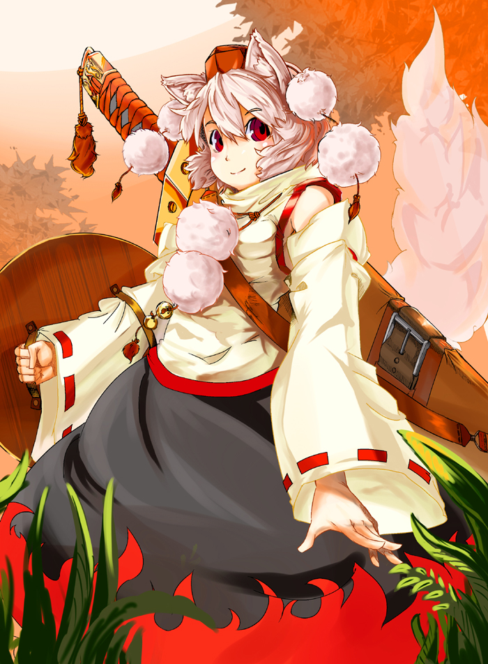 animal_ears, dango_ya, detached_sleeves, inubashiri_momiji, red_eyes, shield, solo, sword