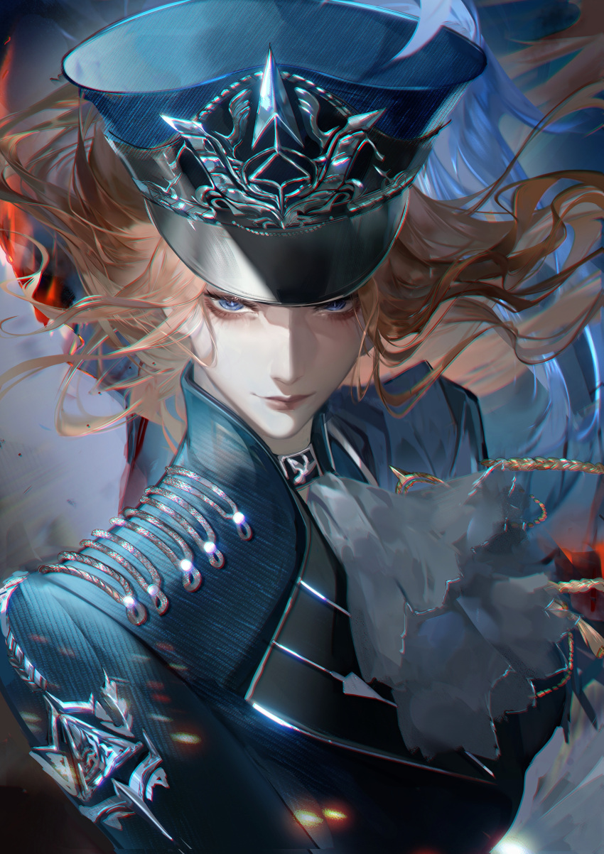 1girl, absurdres, ascot, augustus_(path_to_nowhere), blonde_hair, blue_hat, blue_jacket, emblem
