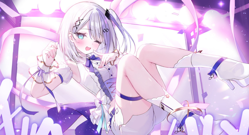 1girl, :d, aqua_eyes, arm_cuffs, blush, boots, collared_shirt, commentary