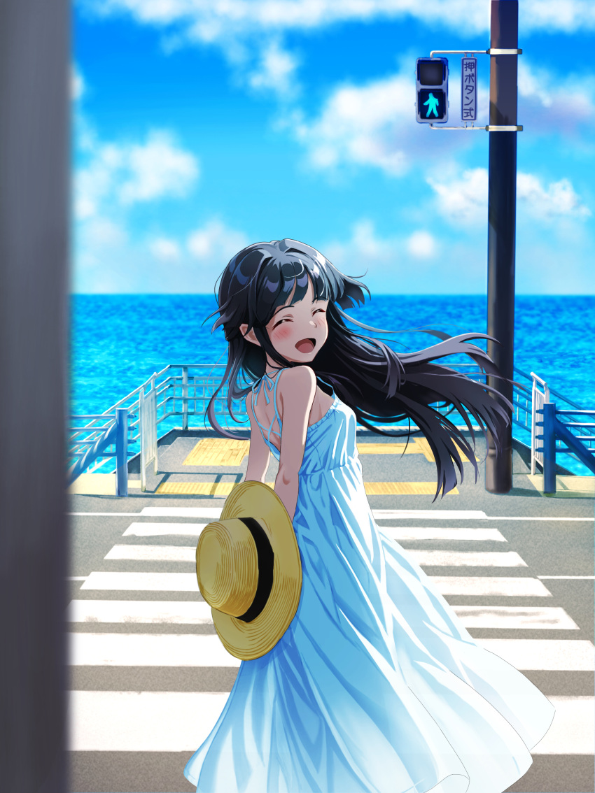 1girl, absurdres, black_hair, blush, closed_eyes, crosswalk, day, dress
