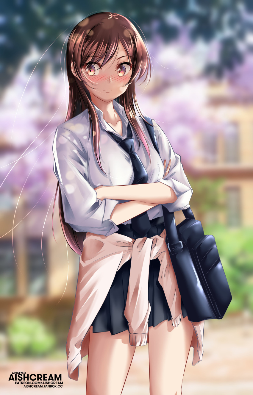 1girl, absurdres, aishcream24, blurry, blurry_background, blush, brown_eyes, brown_hair