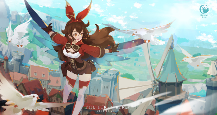 1girl, absurdres, amber_(genshin_impact), animal_ears, bird, brown_gloves, brown_hair, brown_shorts