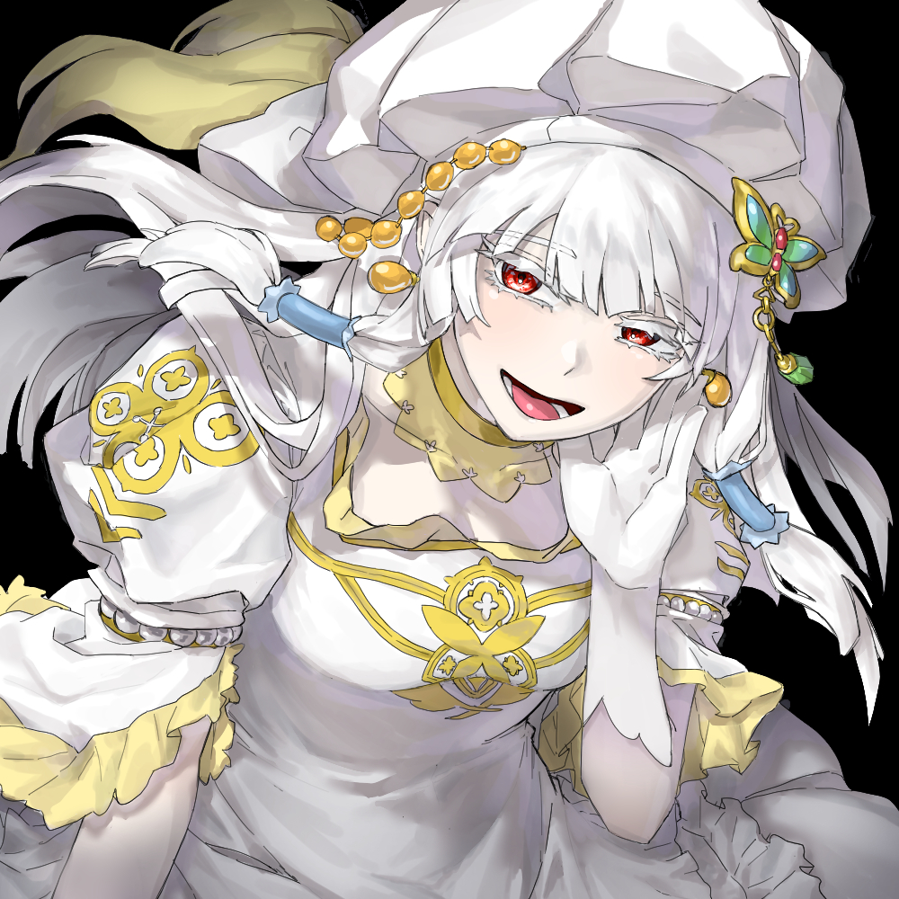 1girl, butterfly_ornament, dress, gloves, gutrune, hat, long_hair, puffy_short_sleeves