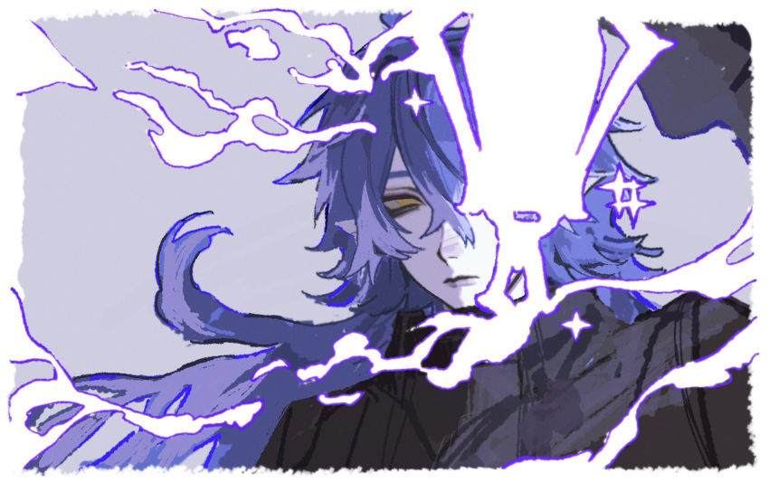 1boy, black_coat, blue_eyes, closed_mouth, coat, commentary, cropped_torso, crossed_bangs