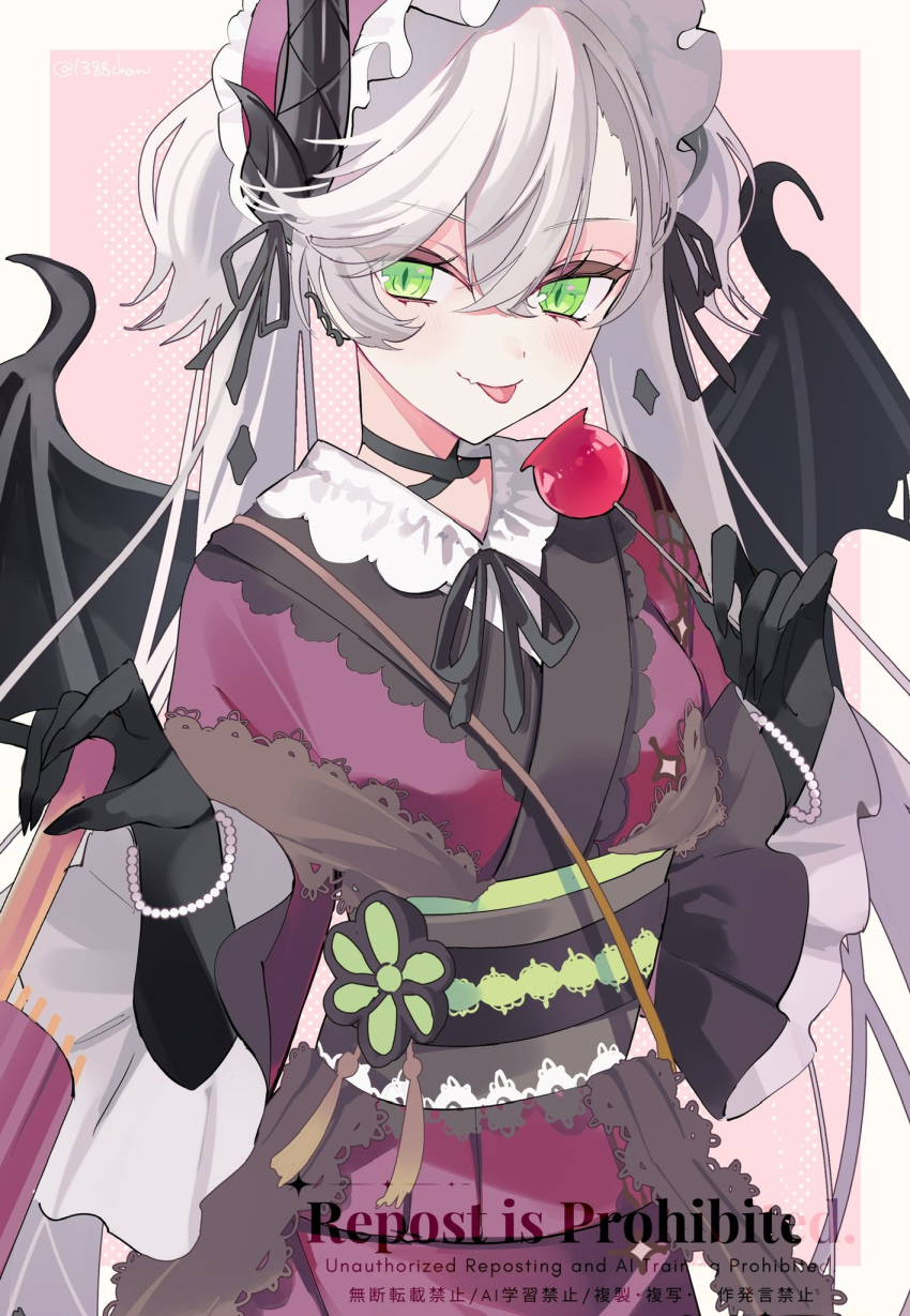 1388chan, 1girl, black_hands, blush, bracelet, breasts, candy_apple, choker, colored_extremities, crossed_bangs, demon_girl, demon_horns, demon_wings, ear_piercing, fate/grand_order, fate_(series), food, frilled_hairband, frills, green_eyes, grey_hair, hair_between_eyes, hairband, highres, horns, japanese_clothes, jewelry, kimono, lilith_(fate), lilith_(kyomaf_2025)_(fate), long_hair, looking_at_viewer, medium_breasts, obi, pearl_bracelet, piercing, pointy_ears, purple_kimono, sash, smile, solo, tongue, tongue_out, twintails, very_long_hair, wings