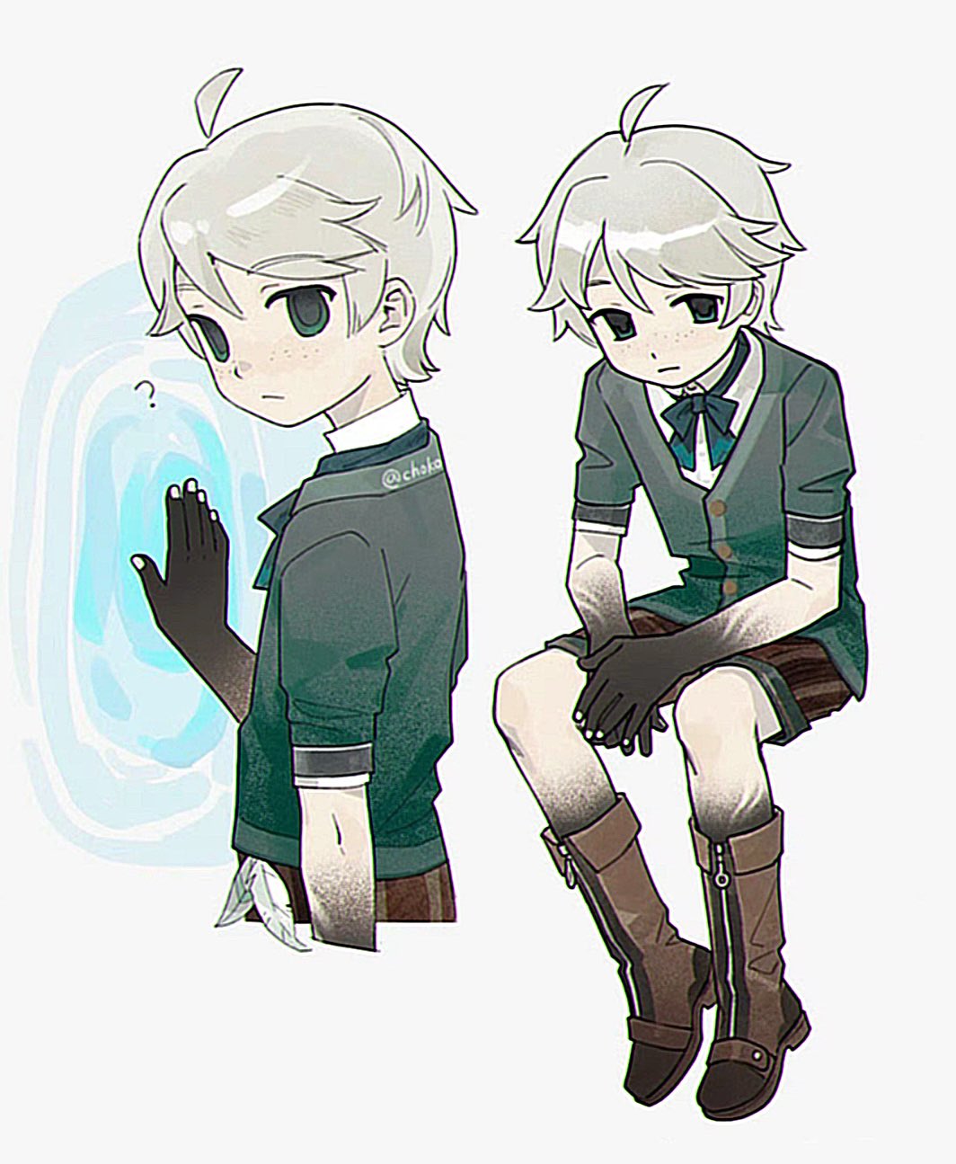 1boy, ?, ahoge, boots, brown_boots, buttons, caterpillar_(genshin_impact), child