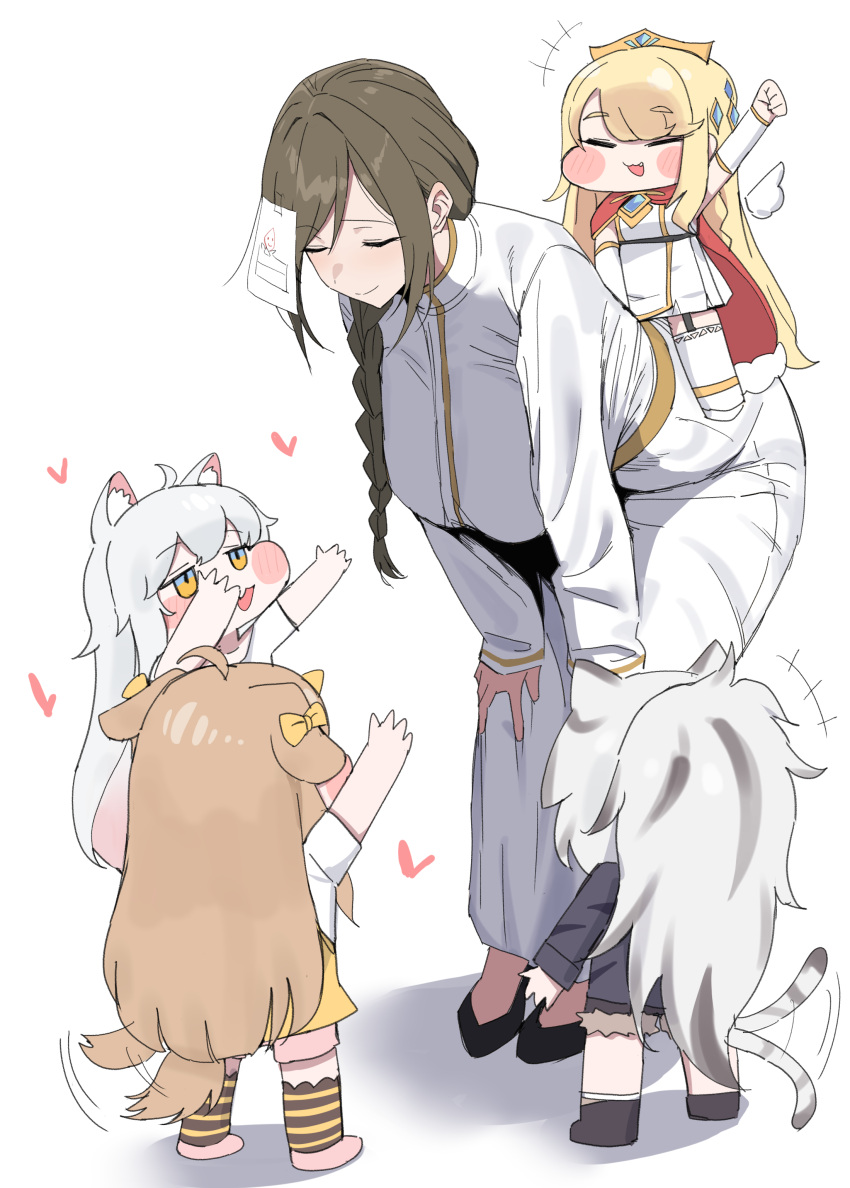 5girls, absurdres, ahoge, animal_ear_fluff, animal_ears, arms_up, bent_over, black_shoes, blush_stickers, breasts, brown_hair, butter_(trickcal), carrying, cat_ears, cat_girl, cat_tail, closed_eyes, closed_mouth, dog_ears, dog_girl, dog_tail, dress, erpin_(trickcal), grey_hair, highres, kommy_(trickcal), large_breasts, leader_(trickcal), long_hair, long_sleeves, multiple_girls, open_mouth, paper_on_head, piggyback, shoes, simple_background, smile, standing, tail, tail_wagging, thigh-highs, trickcal, white_background, white_dress, white_thighhighs, xipa